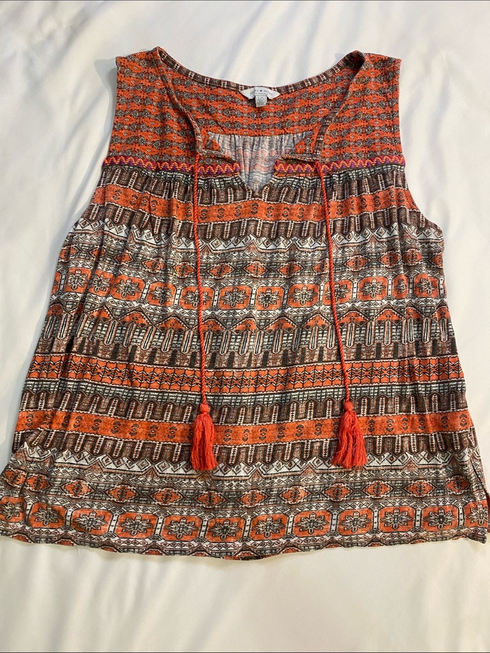 Lucky Brand Orange and Brown Patterned Sleeveless Tassel Camisole
